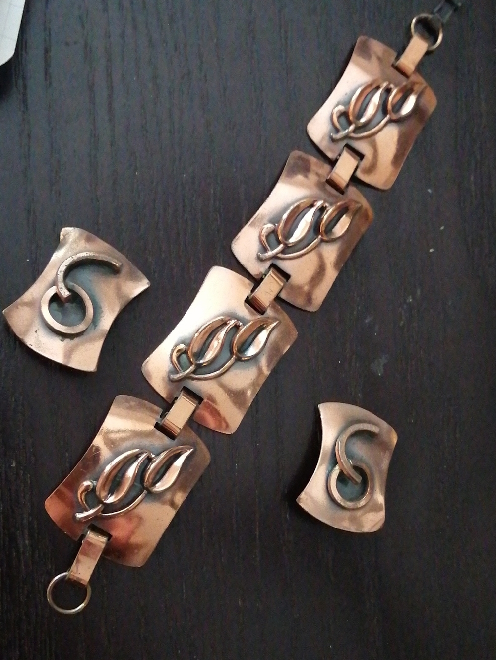 TRIAD Stamped Vintage Wide Copper Finish Statement Bracelet and Earrings Bundle